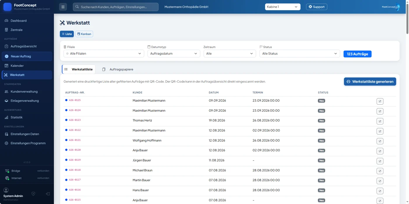 Werkstattliste mit Filtern und druckfertiger QR-Liste