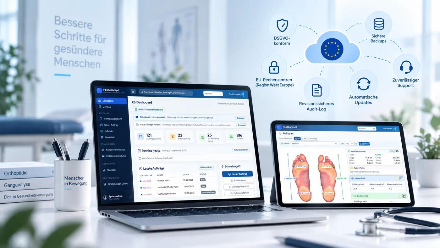 FootConcept auf Laptop und Tablet — DSGVO-konform in EU-Rechenzentren mit Backups, Audit-Log und Support